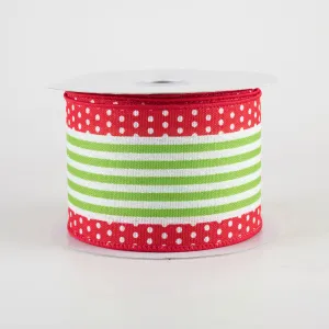 2.5" Vertical Stripe Dot Edge Ribbon: Red, White & Lime Green (10 Yards)