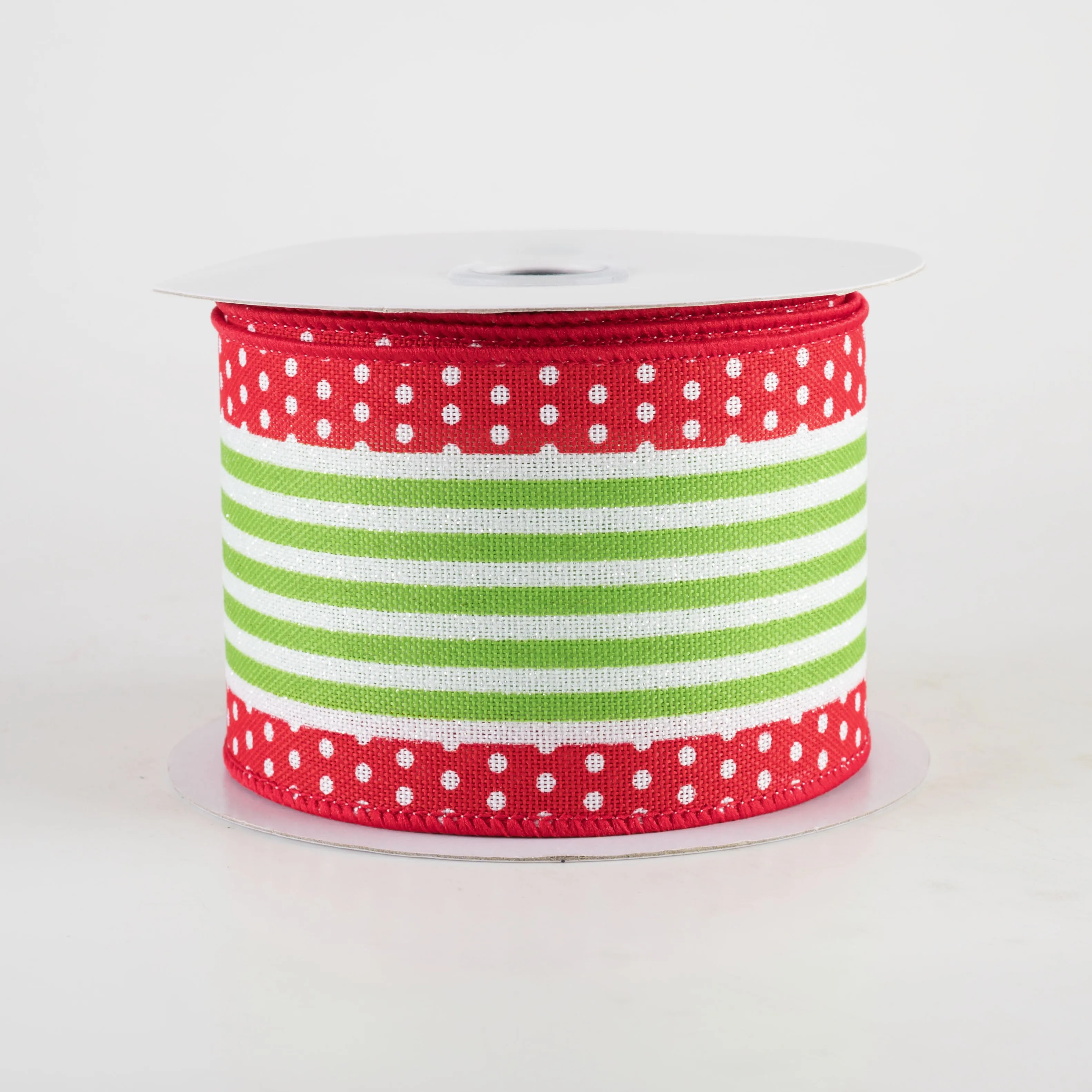 2.5" Vertical Stripe Dot Edge Ribbon: Red, White & Lime Green (10 Yards)
