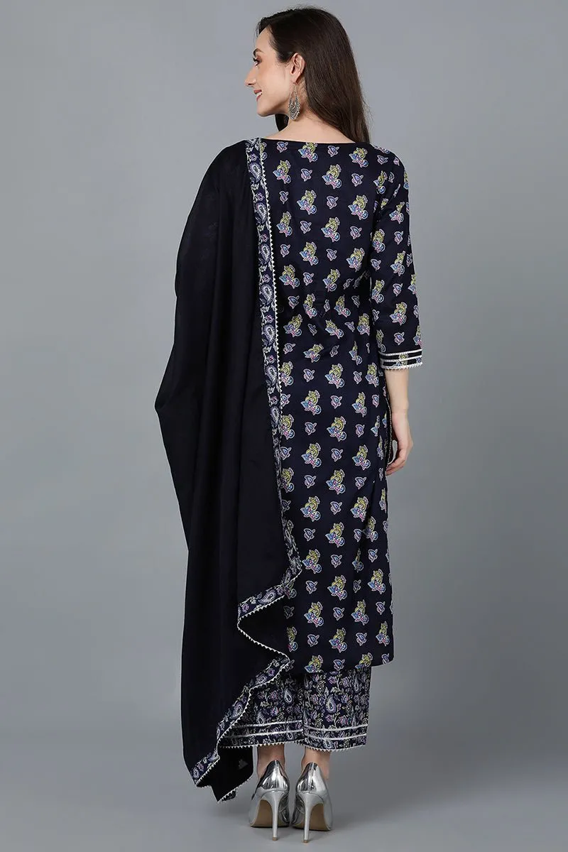 Ahika Navy Blue Pure Cotton Straight Kurta Palazzo With Dupatta