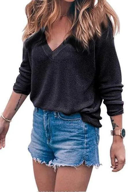 Clearance V-neck Pure Color Long Sleeves T-shirt