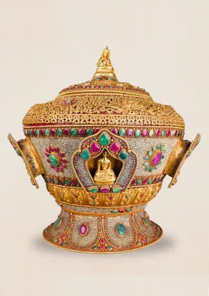 Golden Elegance: Multistone Inlaid Offering Bowl with Pancha Buddha in Gold Plating