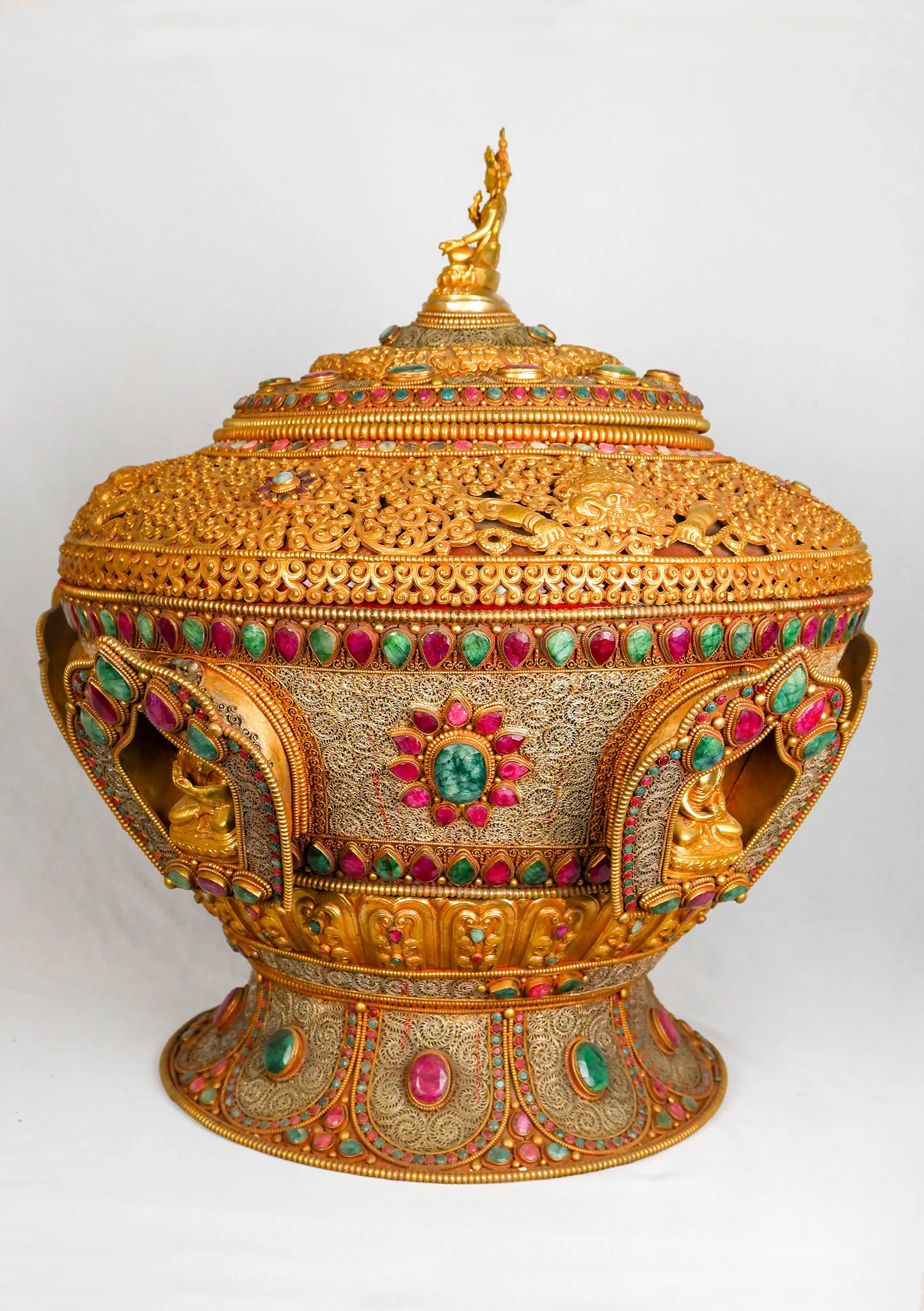 Golden Elegance: Multistone Inlaid Offering Bowl with Pancha Buddha in Gold Plating
