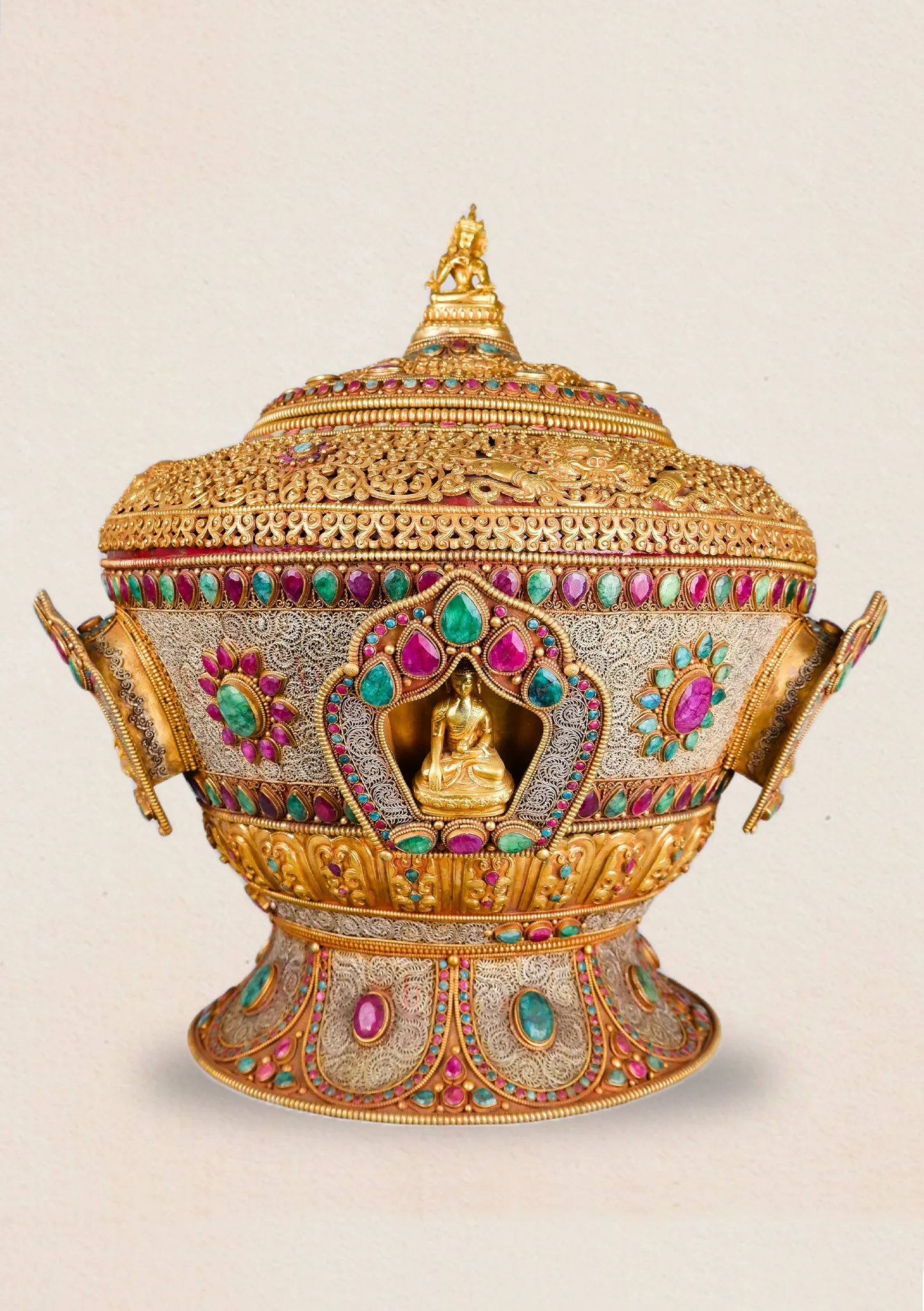 Golden Elegance: Multistone Inlaid Offering Bowl with Pancha Buddha in Gold Plating