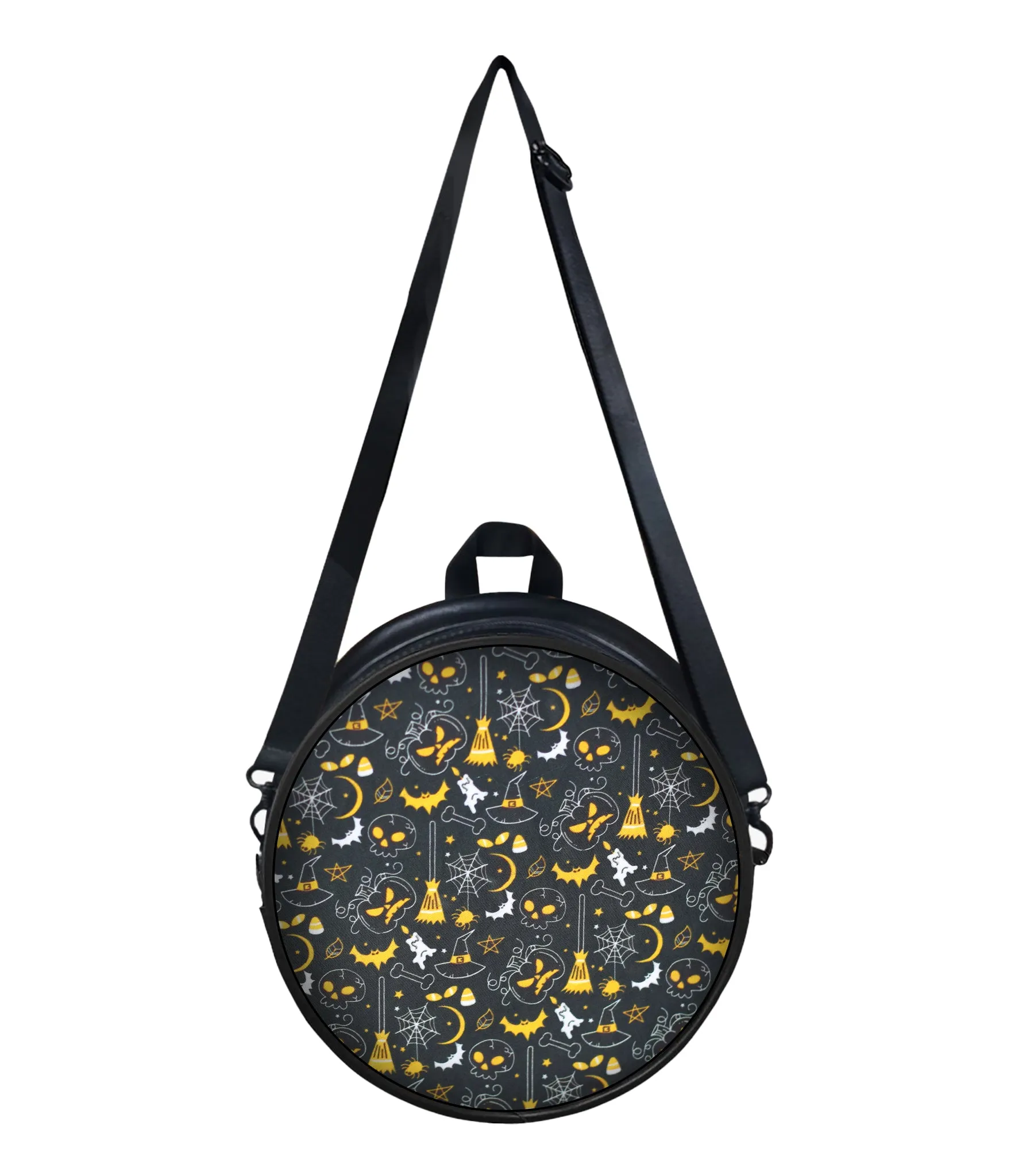 Halloween inspired Broom Hat Witch Printed Fabric Faux Leather Round Purse