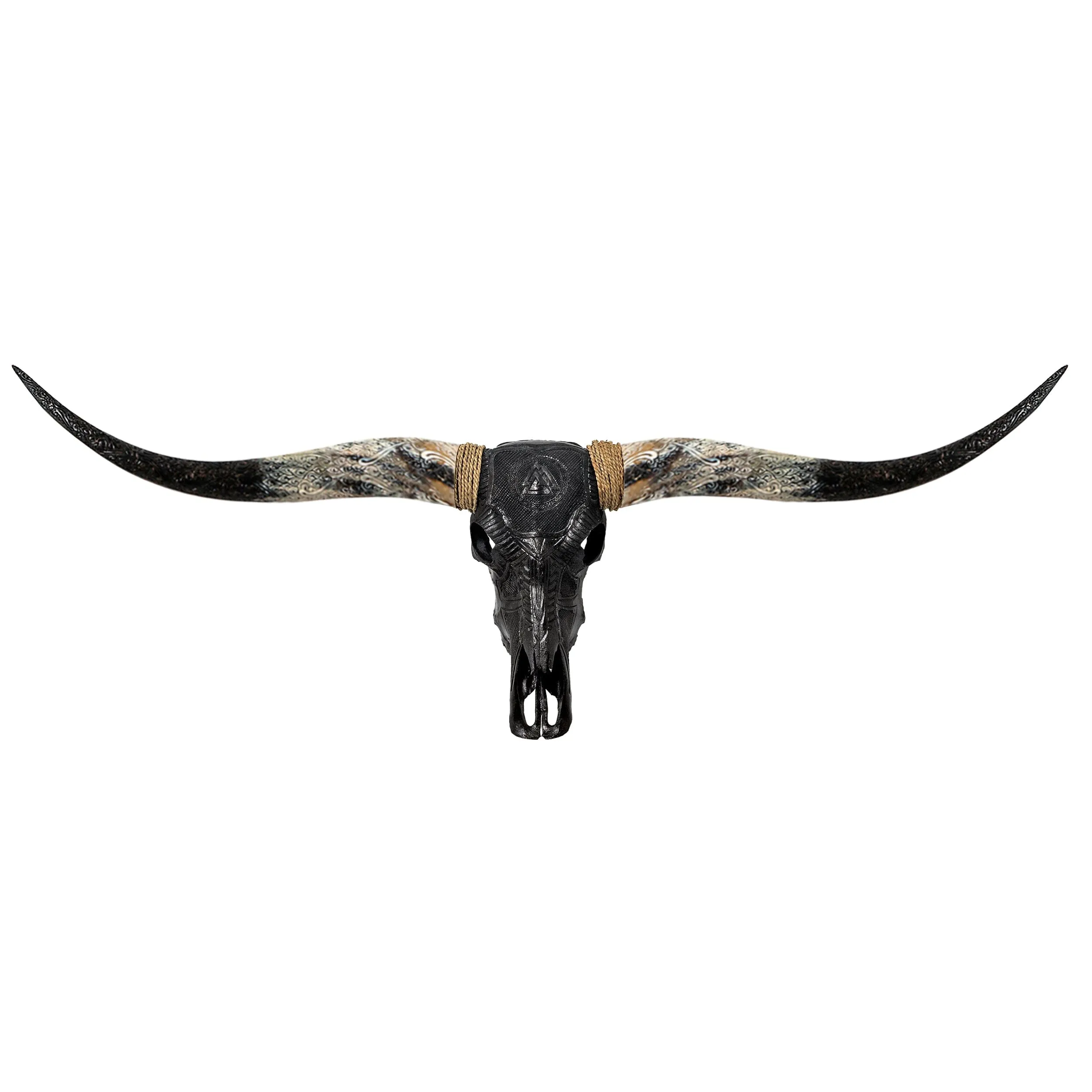 Hand Carved Longhorn Skull - Black Valknut