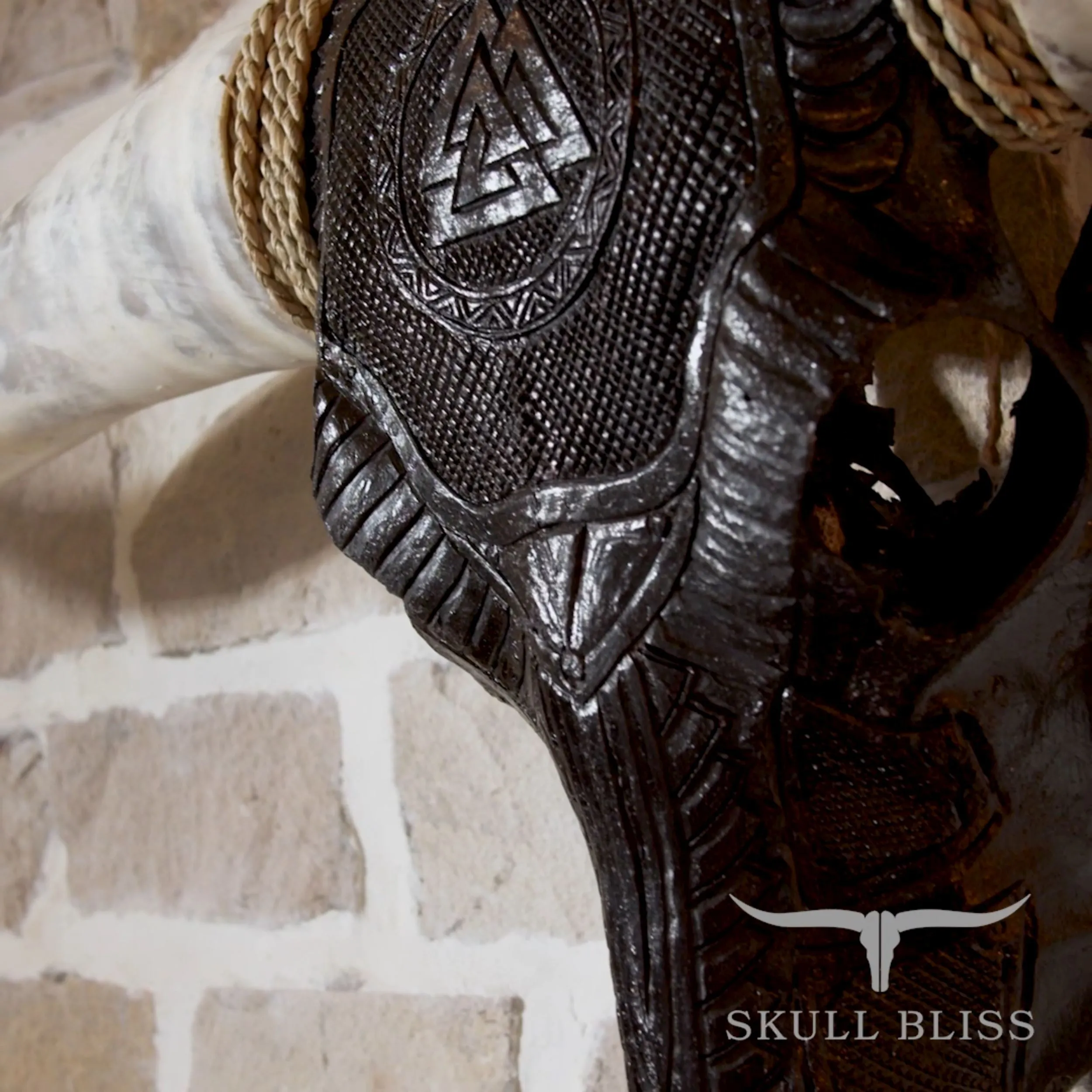 Hand Carved Longhorn Skull - Black Valknut