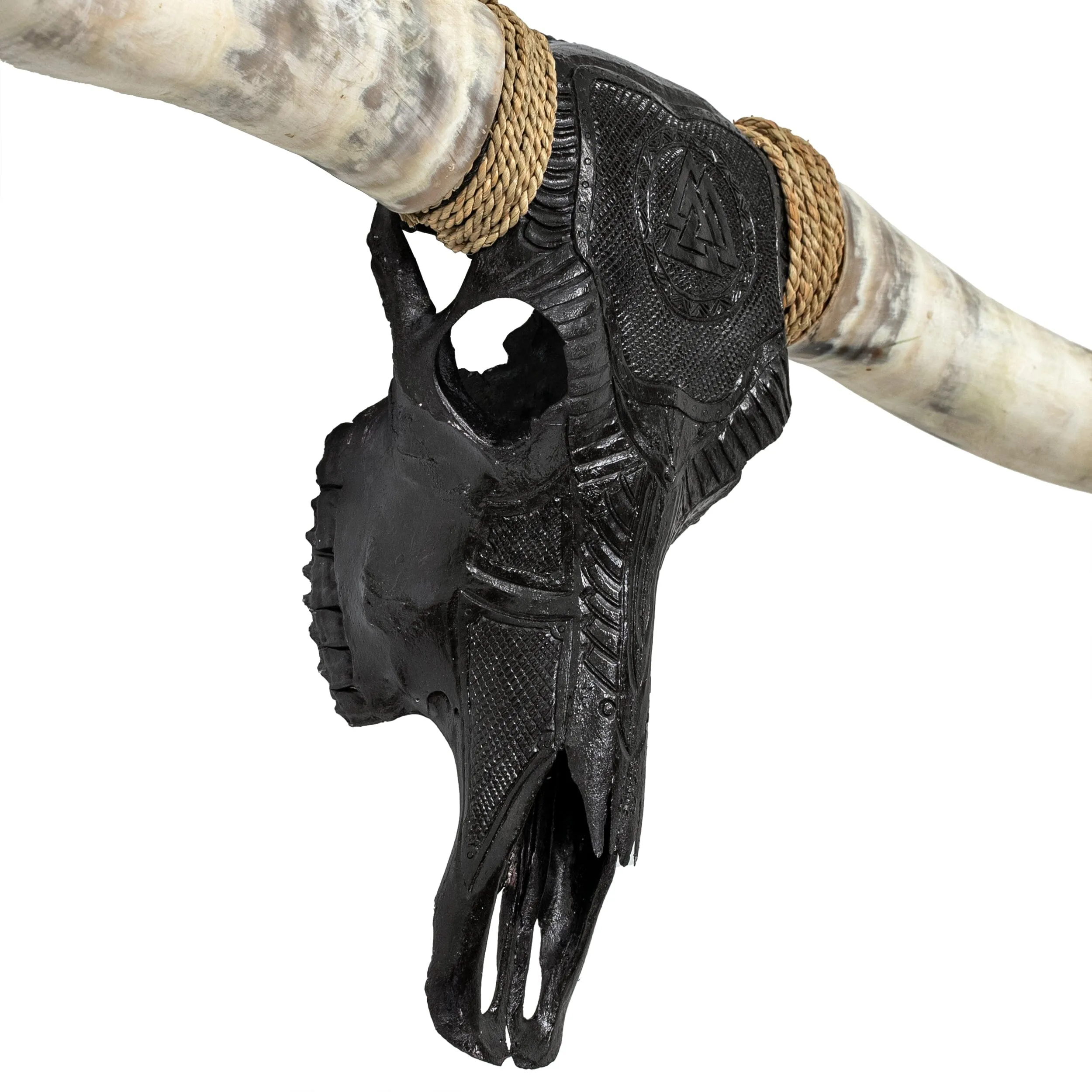 Hand Carved Longhorn Skull - Black Valknut