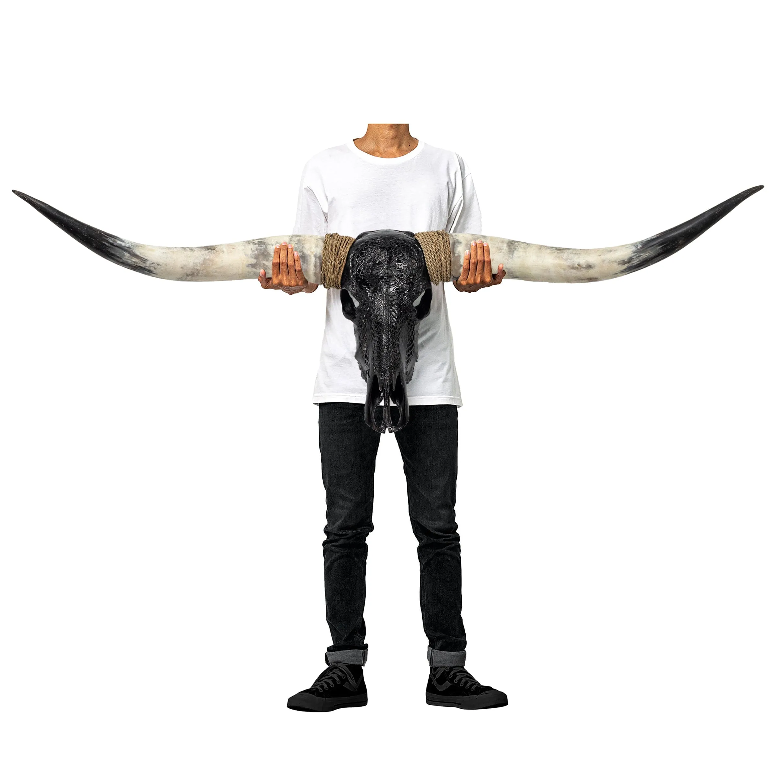Hand Carved Longhorn Skull - Black Valknut