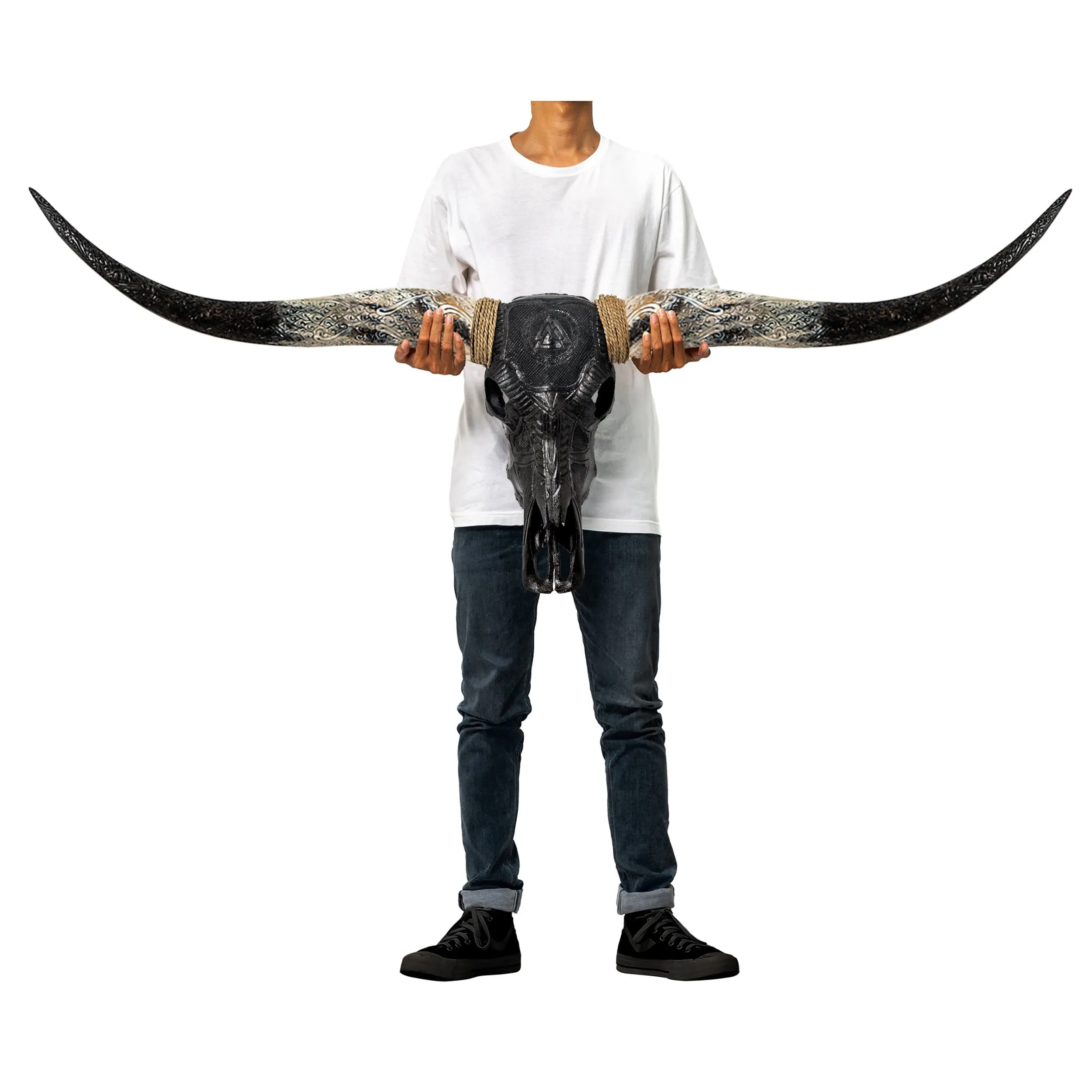 Hand Carved Longhorn Skull - Black Valknut