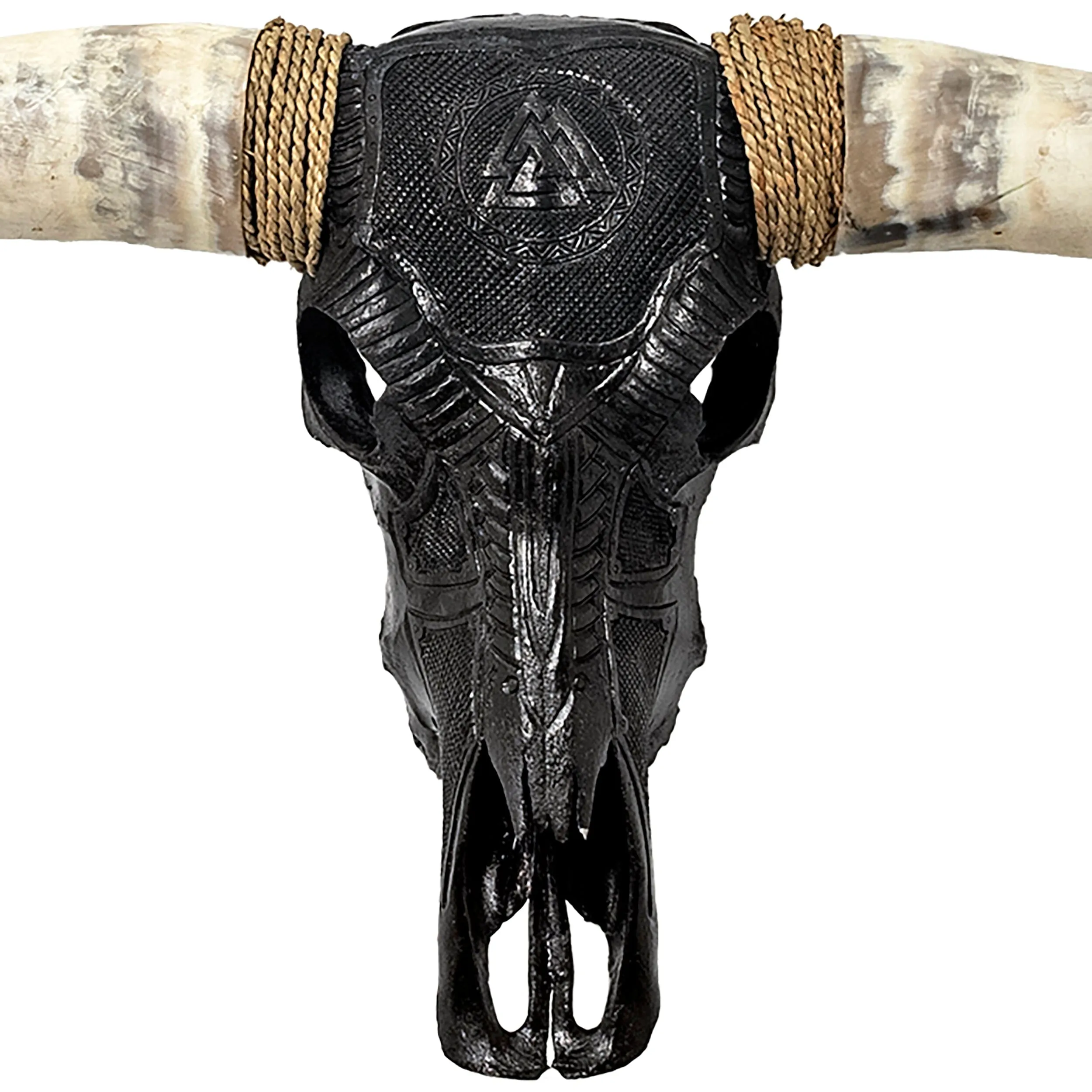 Hand Carved Longhorn Skull - Black Valknut