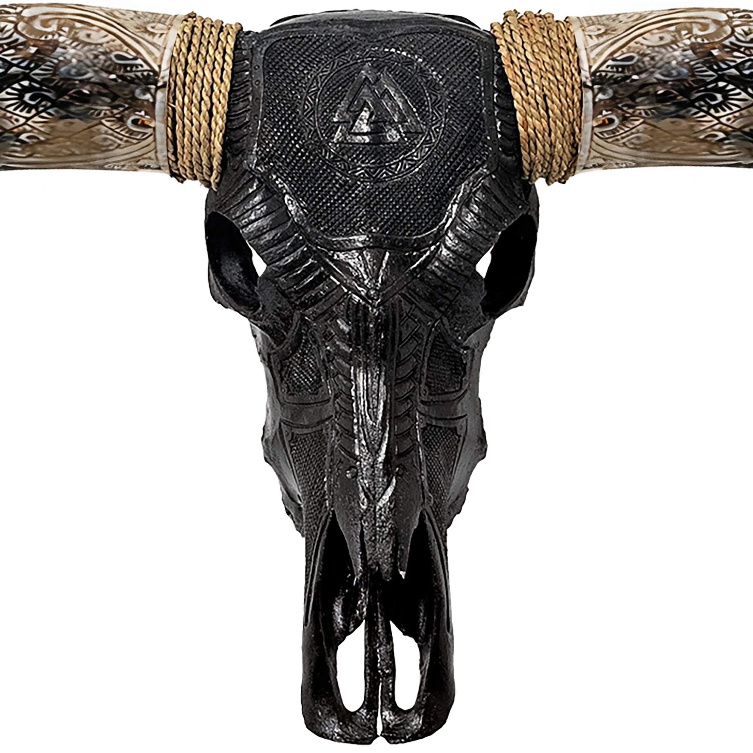 Hand Carved Longhorn Skull - Black Valknut