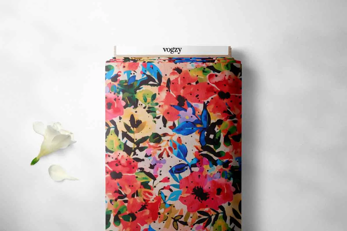 Lively Watercolour Multicolour Floral Pattern Printed Muslin Fabric
