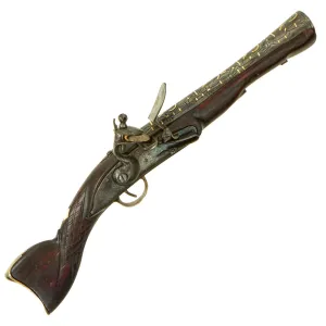 Original Ottoman Flintlock Blunderbuss Pistol with Full Stock and Brass Inlaid Engraved Barrel - circa 1850