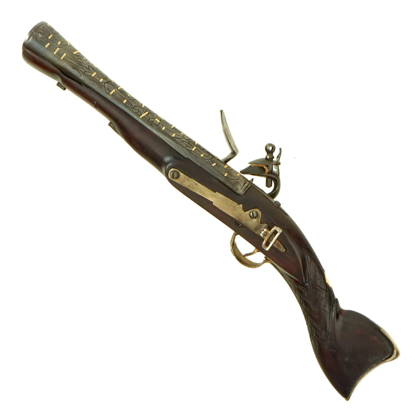 Original Ottoman Flintlock Blunderbuss Pistol with Full Stock and Brass Inlaid Engraved Barrel - circa 1850