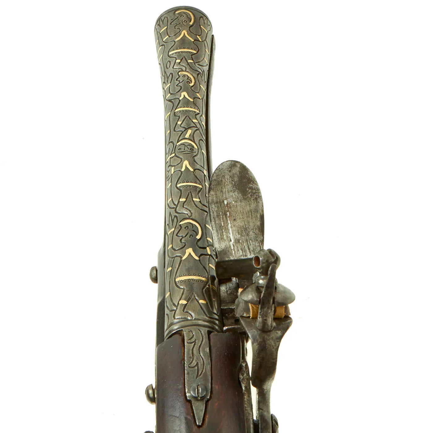 Original Ottoman Flintlock Blunderbuss Pistol with Full Stock and Brass Inlaid Engraved Barrel - circa 1850