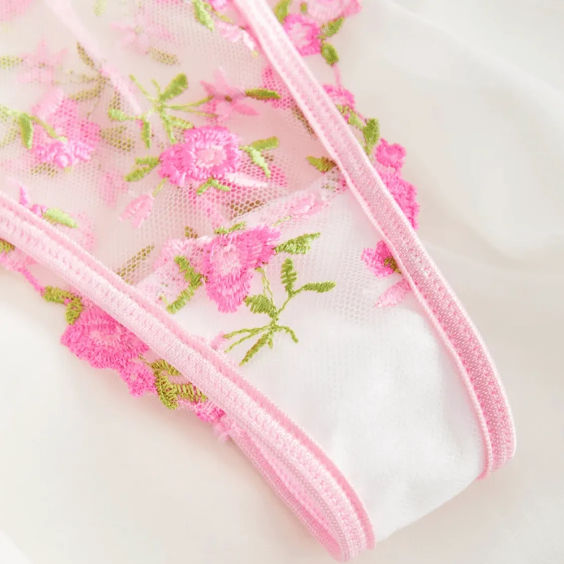 Pink Lingerie Floral Embroidered Set Sheer