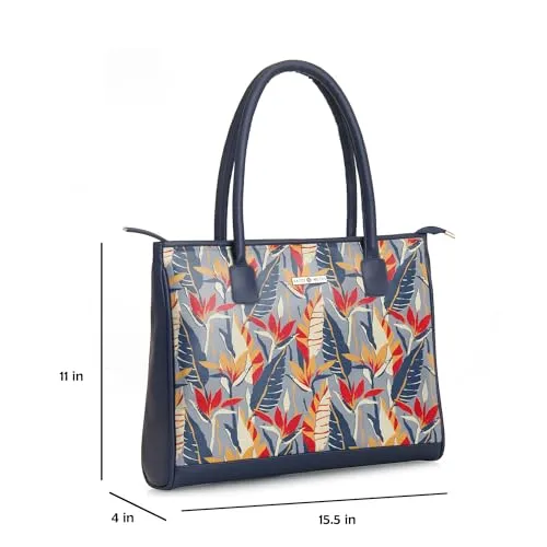 SACCI MUCCI Women's Tote Bag | Tote Bags For Women with Padded Laptop Compartment | Big Shoulder Bag for Office- Exotic Jungle (Navy Blue)
