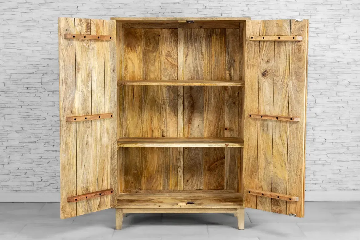 Urban Loft Handmade Solid Mango Wood Carved 2 Doors Cupboard Cabinet Natural
